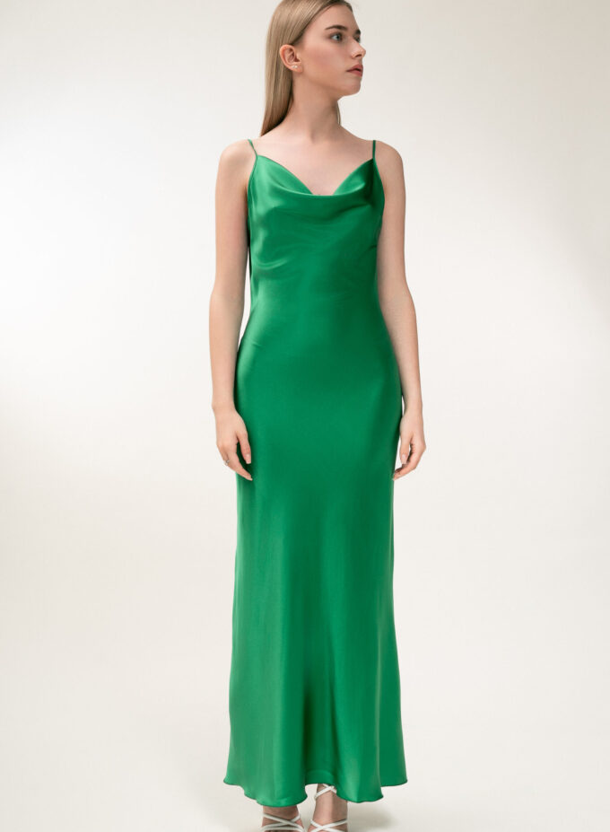 Silk Open Back Maxi Dress In Green