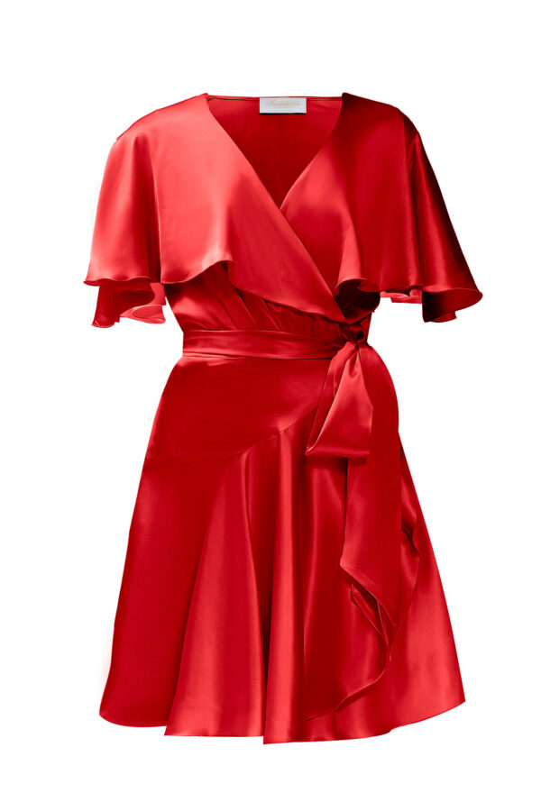 Silk Short Wrap Dress In Red - Image 6