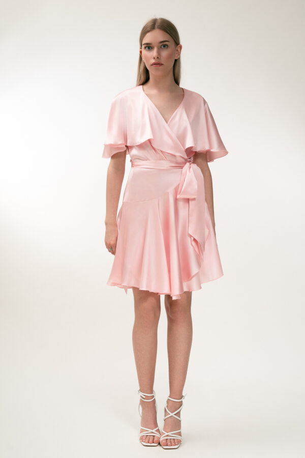 Silk Short Wrap Dress In Pink