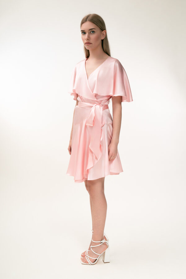 Silk Short Wrap Dress In Pink - Image 6