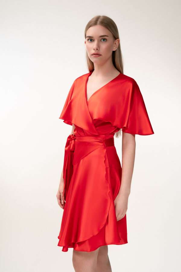 Silk Short Wrap Dress In Red - Image 4