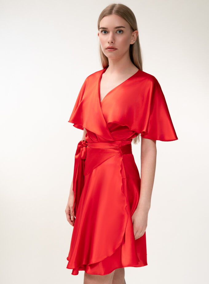 Silk Short Wrap Dress In Red