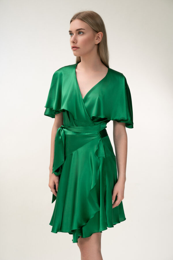 Silk Short Wrap Dress In Green