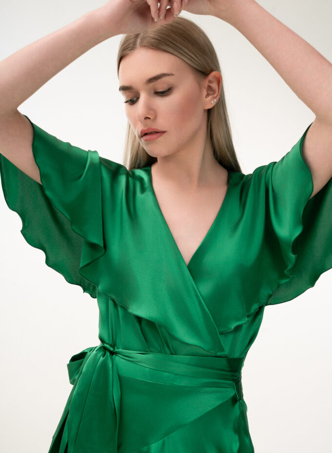 Silk Short Wrap Dress In Green