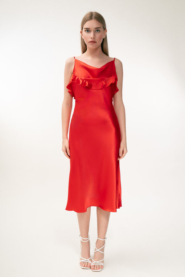 Silk Midi Dress with Ruffle Detail In Red