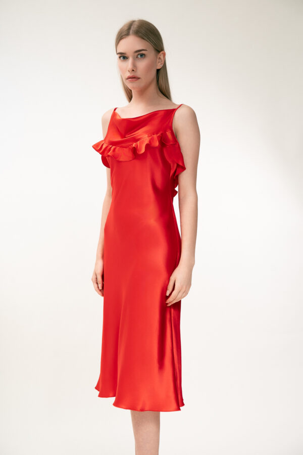 Silk Midi Dress with Ruffle Detail In Red - Image 11