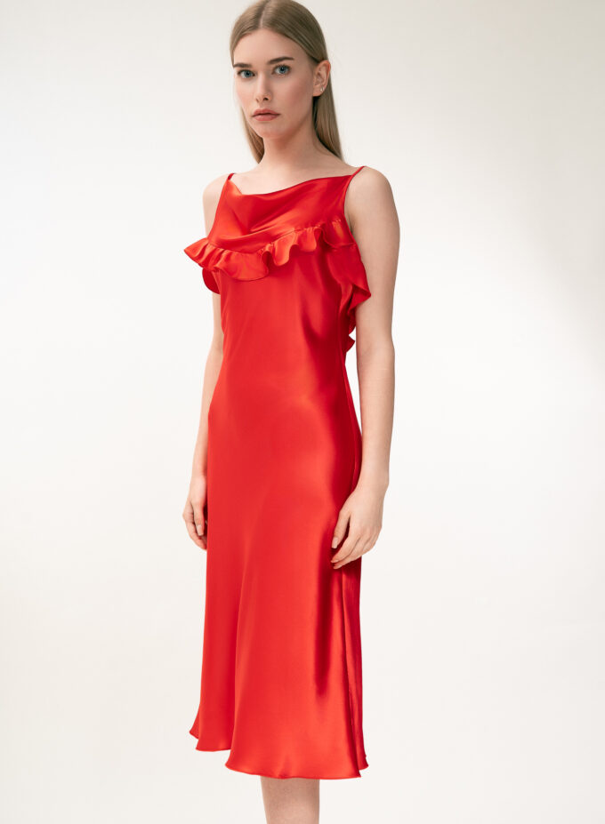 Silk Midi Dress with Ruffle Detail In Red