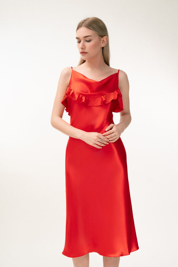 Silk Midi Dress with Ruffle Detail In Red - Image 8