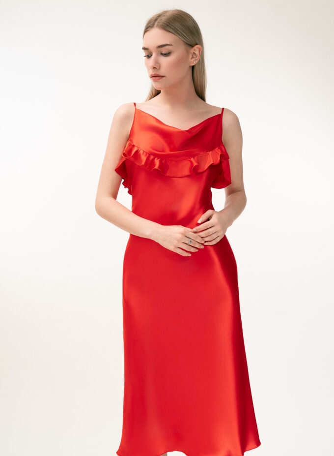 Silk Midi Dress with Ruffle Detail In Red