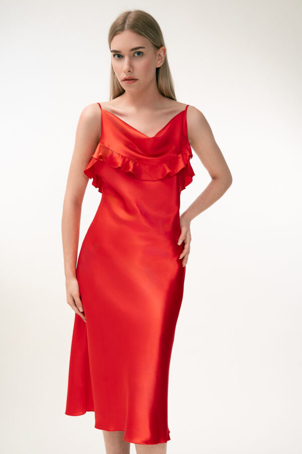 Silk Midi Dress with Ruffle Detail In Red - Image 7