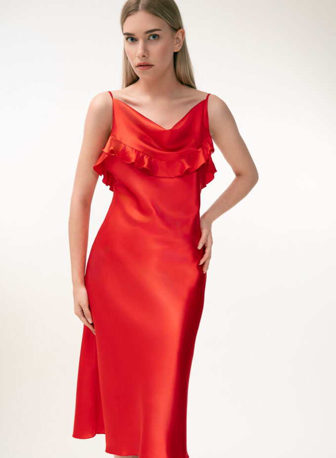 Silk Midi Dress with Ruffle Detail In Red
