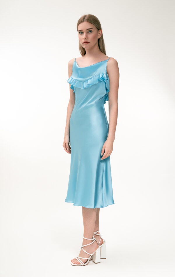 Silk Midi Dress with Ruffle Detail In Turquoise - Image 6