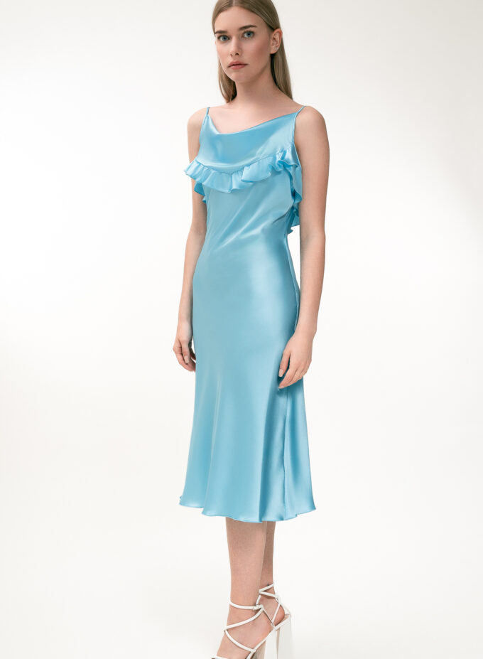 Silk Midi Dress with Ruffle Detail In Turquoise