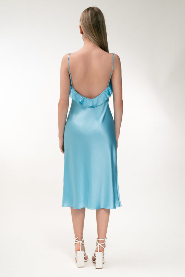 Silk Midi Dress with Ruffle Detail In Turquoise - Image 5