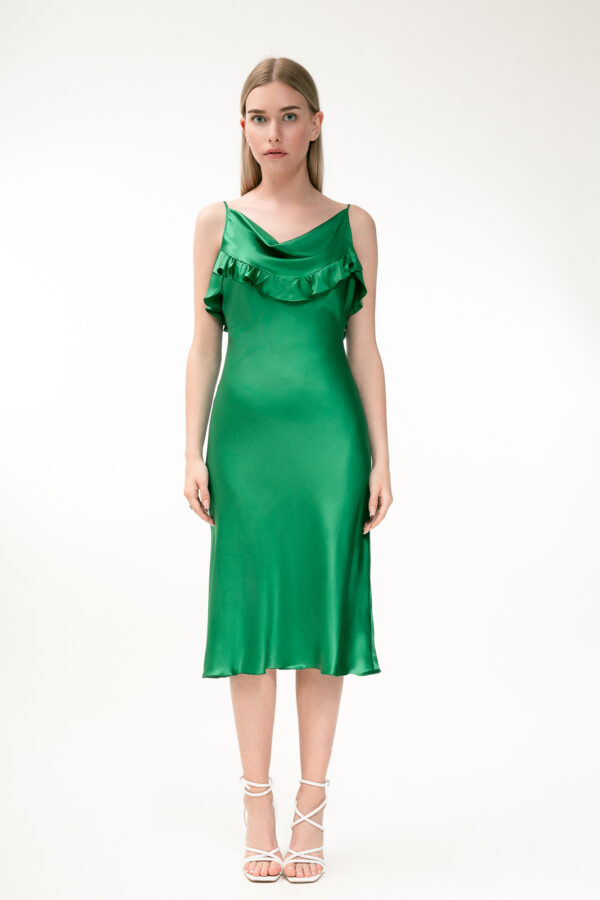 Silk Midi Dress with Ruffle Detail In Green