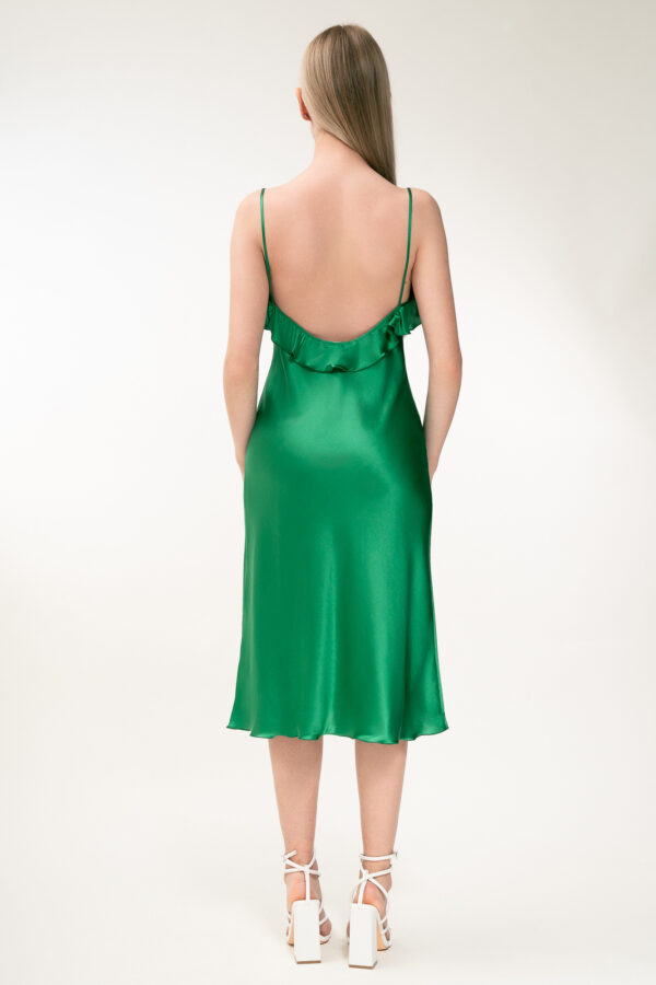 Silk Midi Dress with Ruffle Detail In Green - Image 5