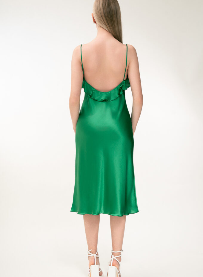 Silk Midi Dress with Ruffle Detail In Green