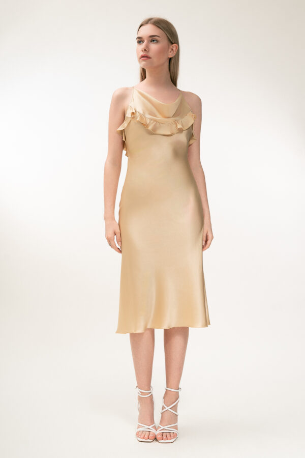 Silk Midi Dress with Ruffle Detail In Champagne