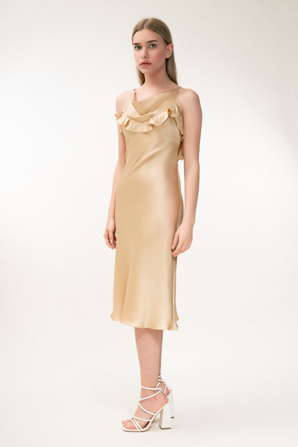 Silk Midi Dress with Ruffle Detail In Champagne - Image 8