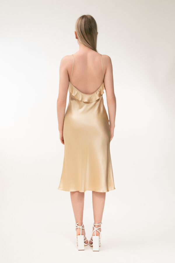 Silk Midi Dress with Ruffle Detail In Champagne - Image 5