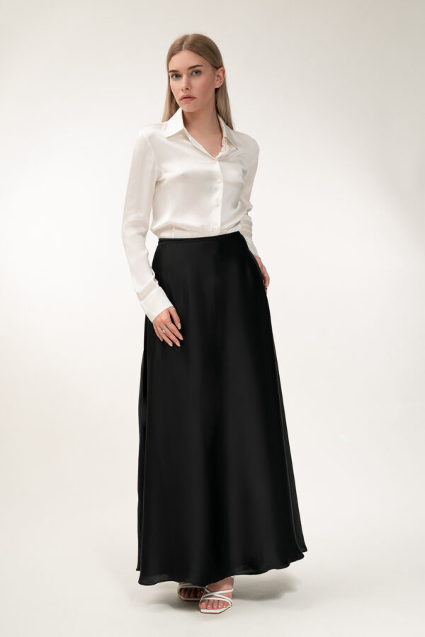 Silk Long Wrap Skirt in Black - Image 2