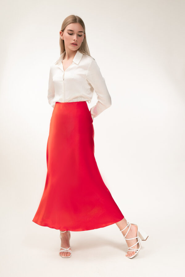 Silk A-line Long Skirt in red - Image 3