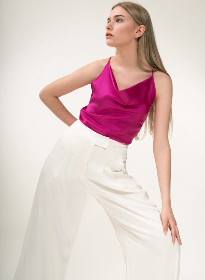 Silk Cowl Neckline Top In Fuchsia