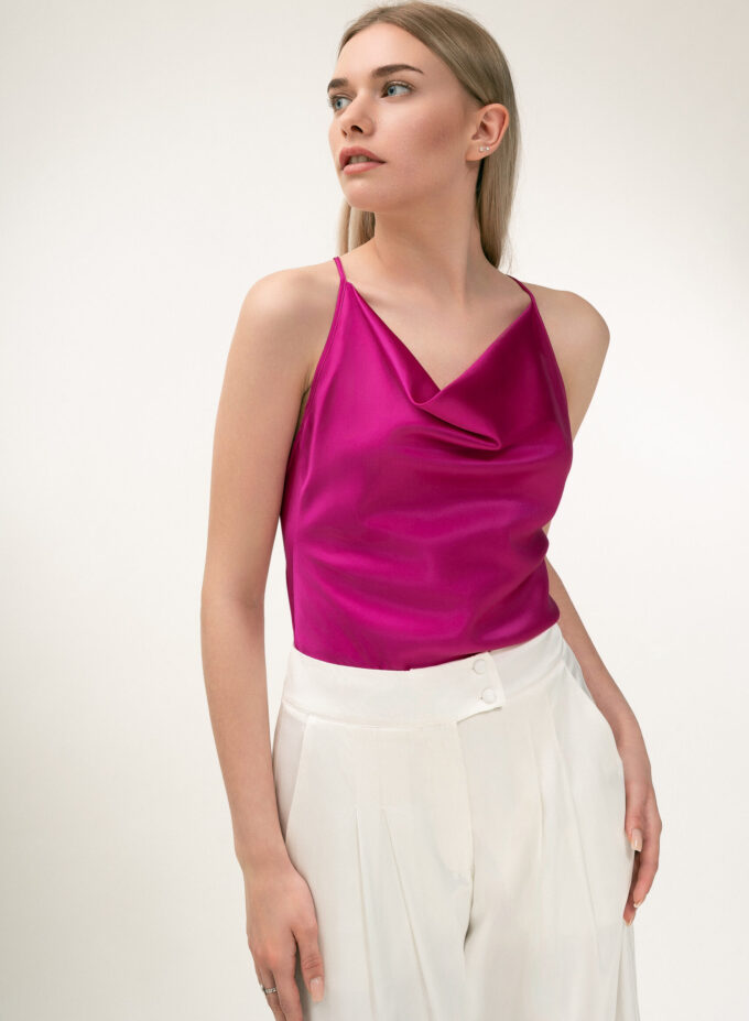Silk Cowl Neckline Top In Fuchsia