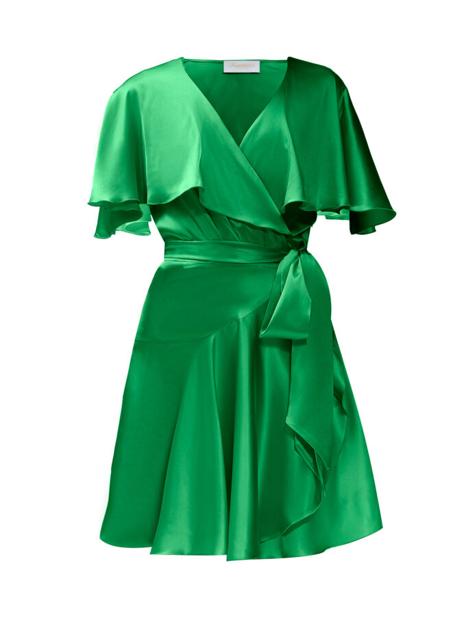 Silk Short Wrap Dress In Green