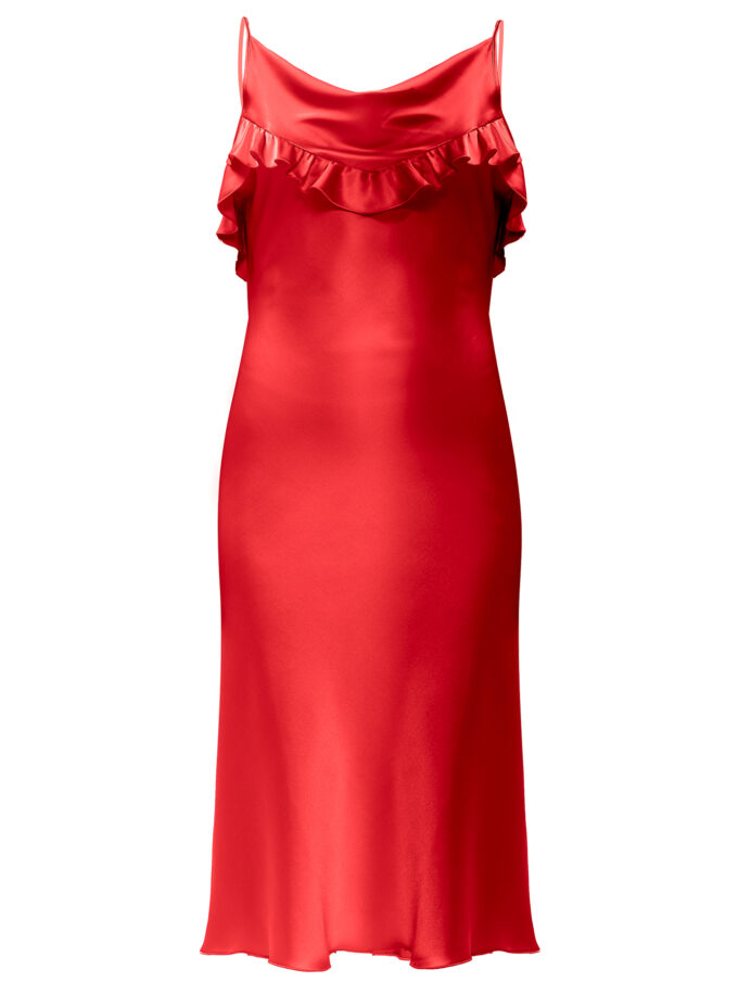 Silk Midi Dress with Ruffle Detail In Red