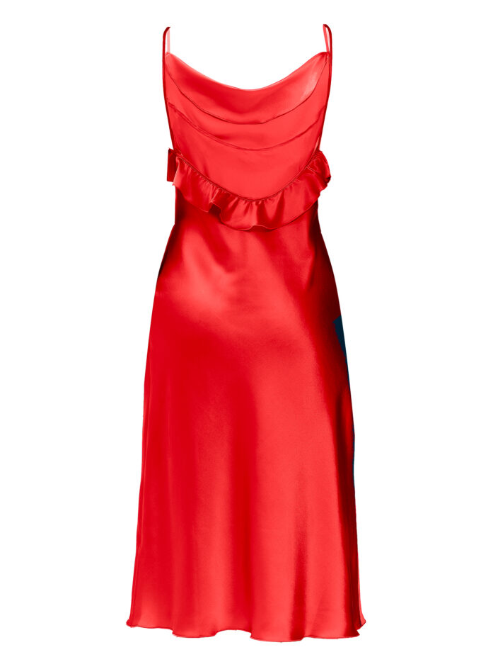 Silk Midi Dress with Ruffle Detail In Red