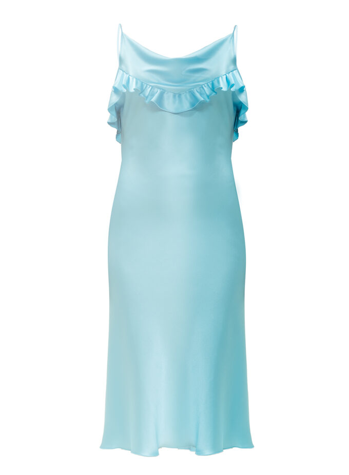 Silk Midi Dress with Ruffle Detail In Turquoise
