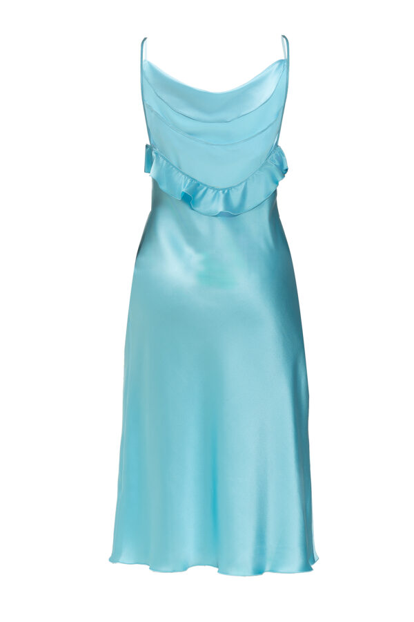 Silk Midi Dress with Ruffle Detail In Turquoise - Image 2