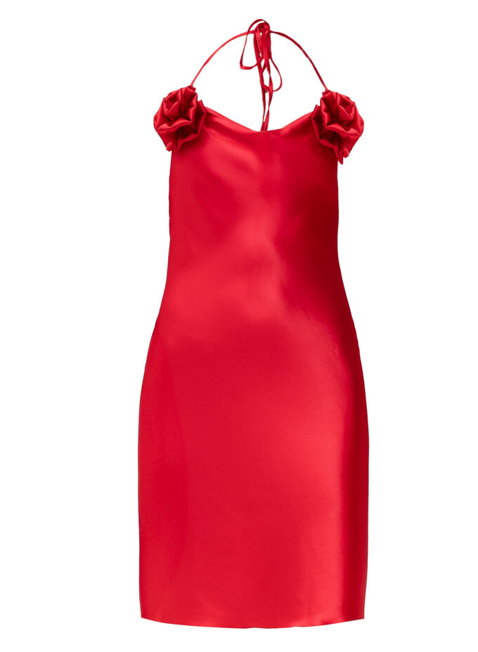 Rose Detailed Silk Dress In Red