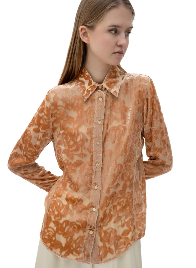 Velvet Burnout Semi Sheer Shirt In Golden Caramel