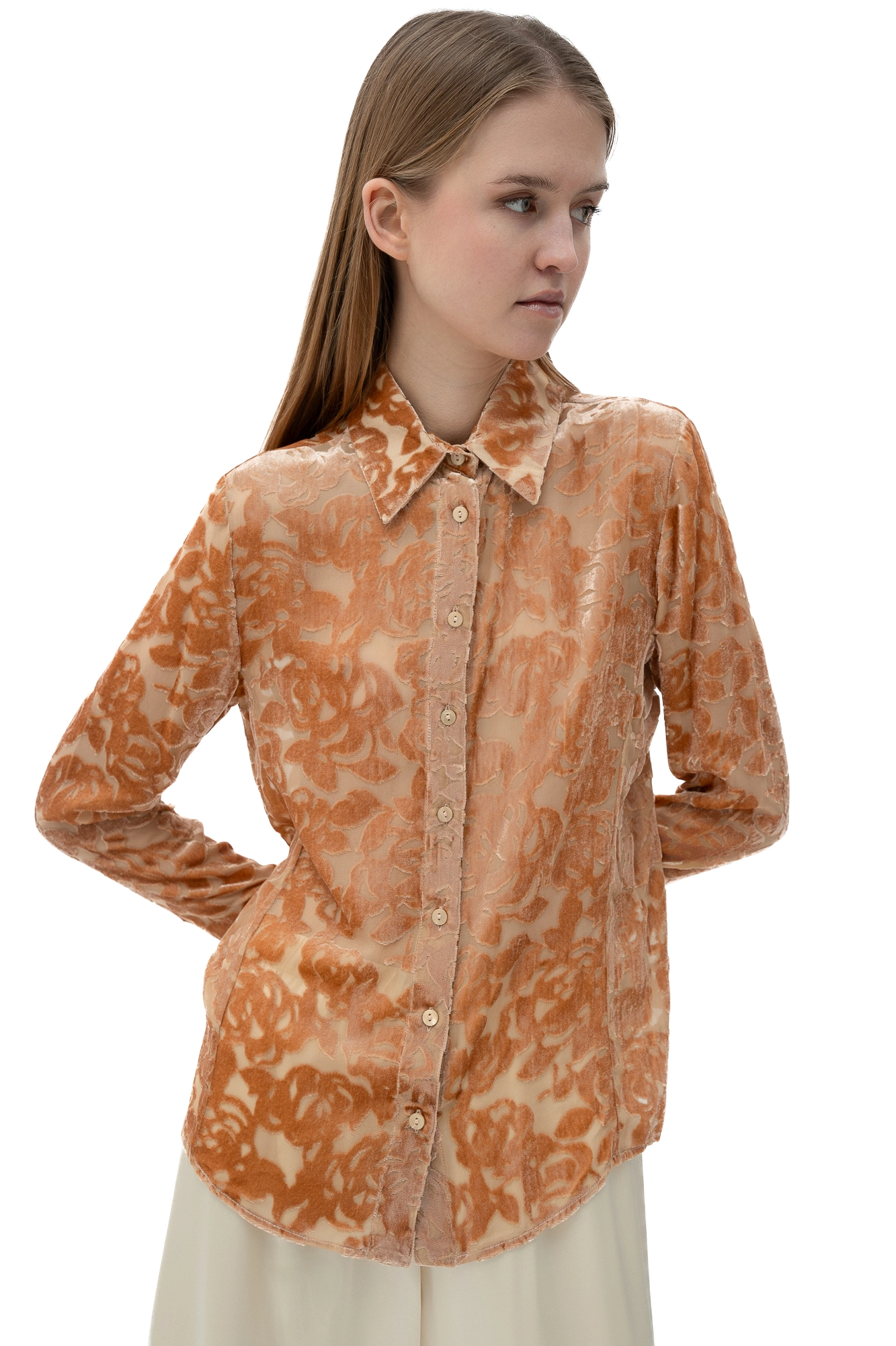 Velvet Burnout Semi Sheer Shirt In Golden Caramel