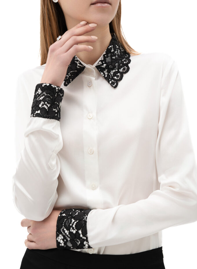 Silk Shirt with Black Lace Details In White