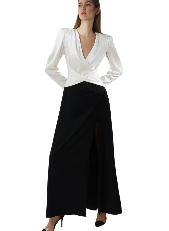 Silk Monochrome Cinched Waist Long Dress