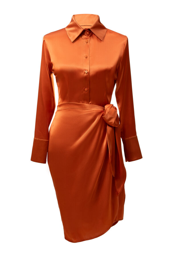 Silk Draped Shirt Dress in Orange - Image 6