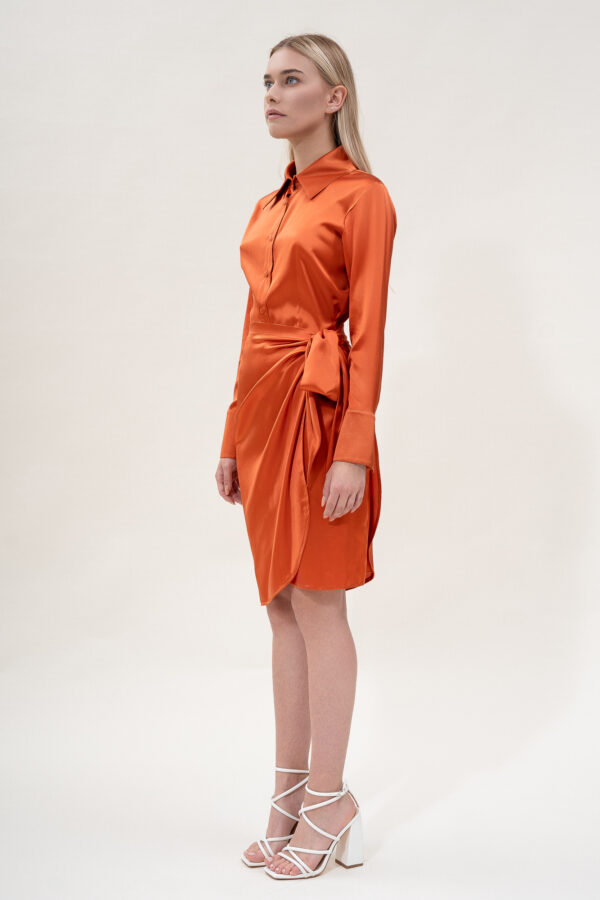 Silk Draped Shirt Dress in Orange - Image 2