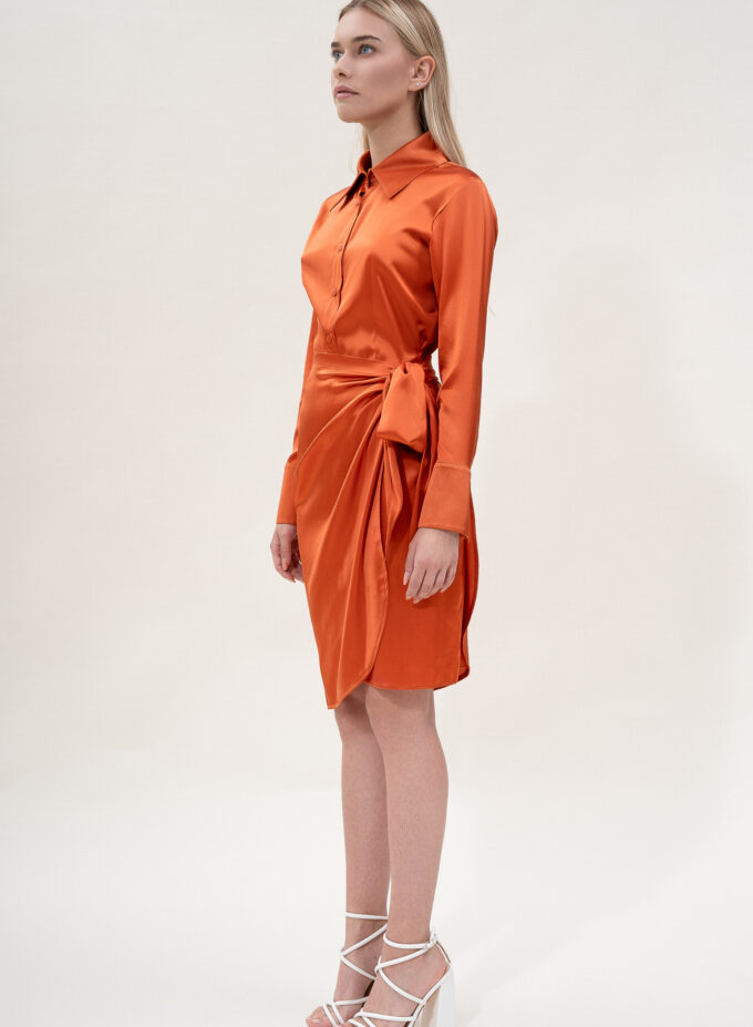 Silk Draped Shirt Dress in Orange
