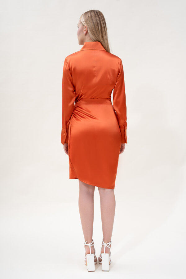 Silk Draped Shirt Dress in Orange - Image 3