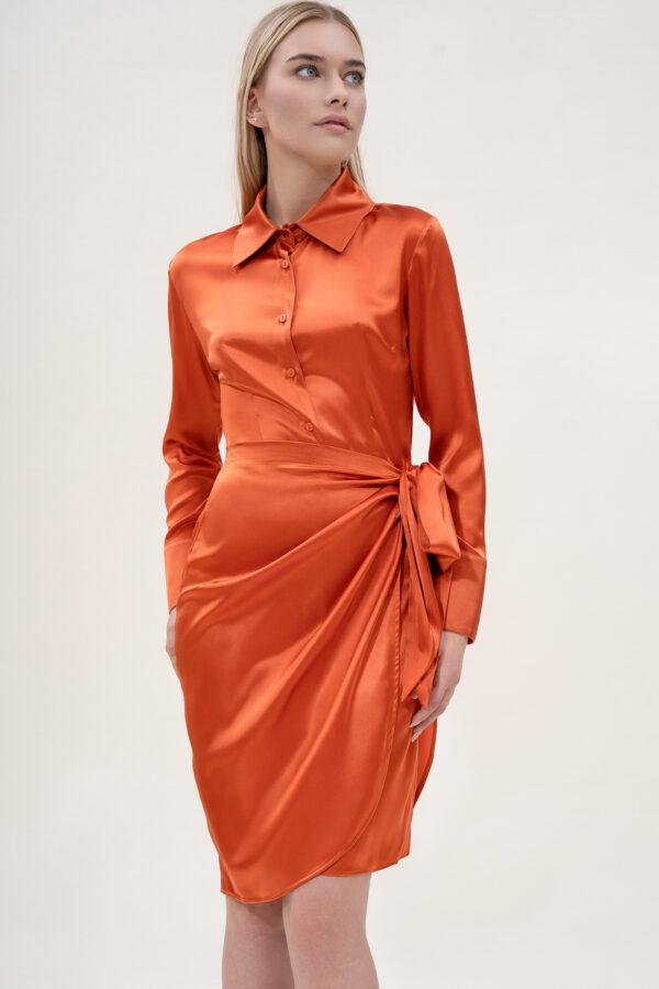Silk Draped Shirt Dress in Orange - Image 4