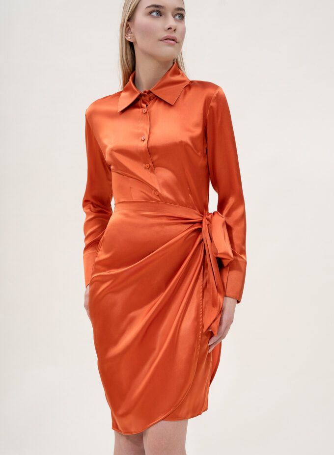 Silk Draped Shirt Dress in Orange