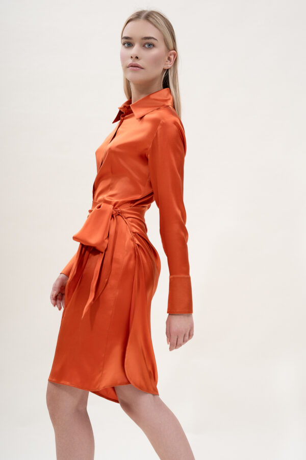 Silk Draped Shirt Dress in Orange