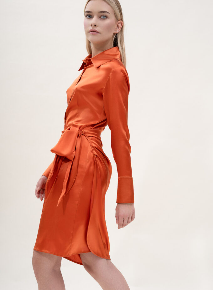 Silk Draped Shirt Dress in Orange