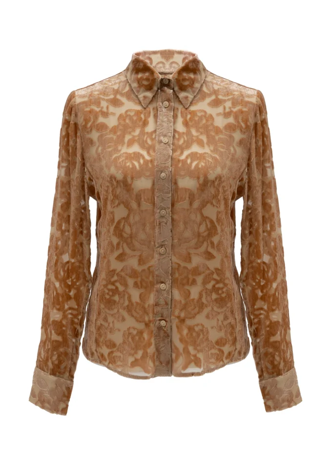 Velvet Burnout Semi Sheer Shirt In Golden Caramel