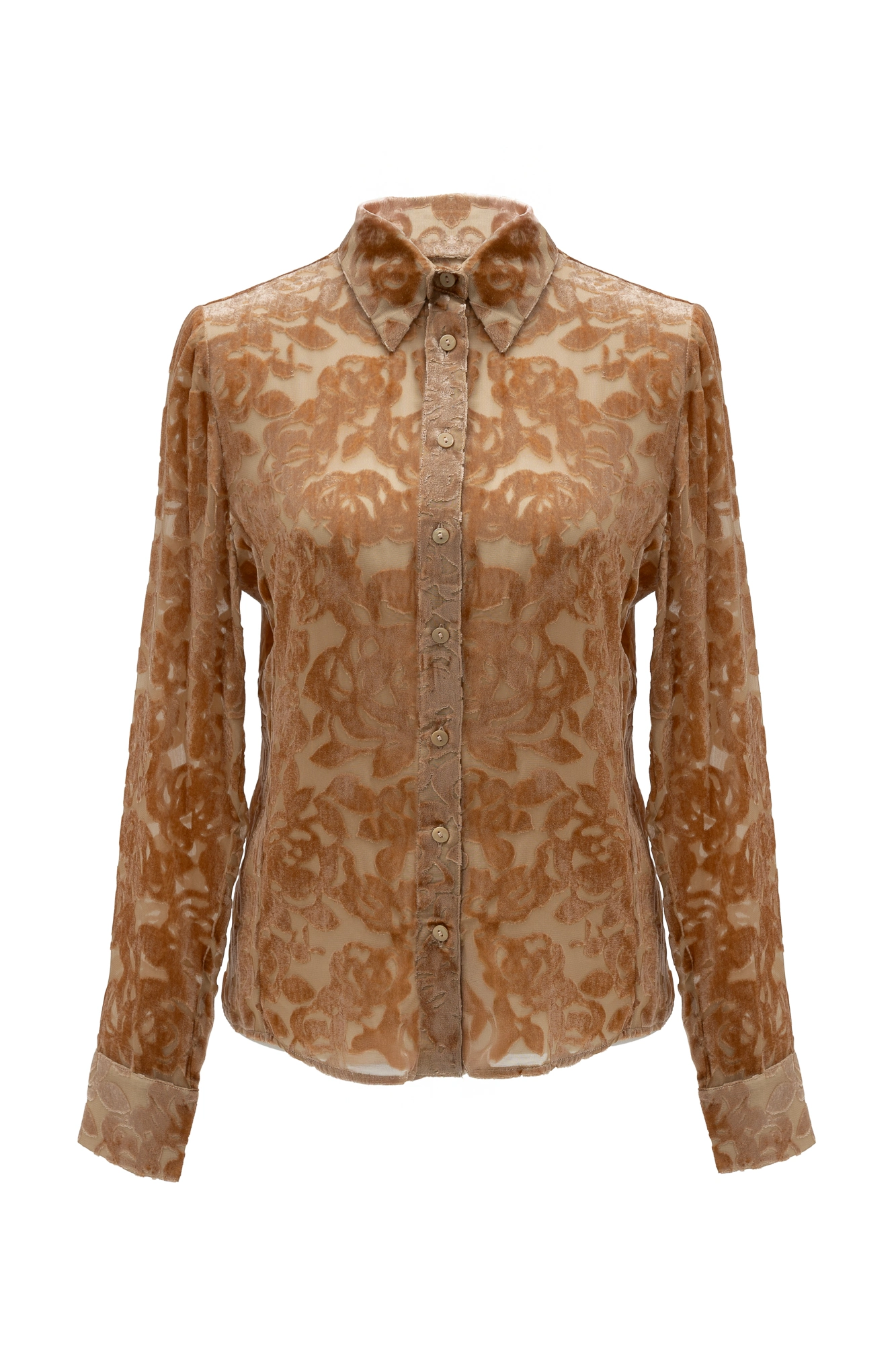 Velvet Burnout Semi Sheer Shirt In Golden Caramel - Image 6