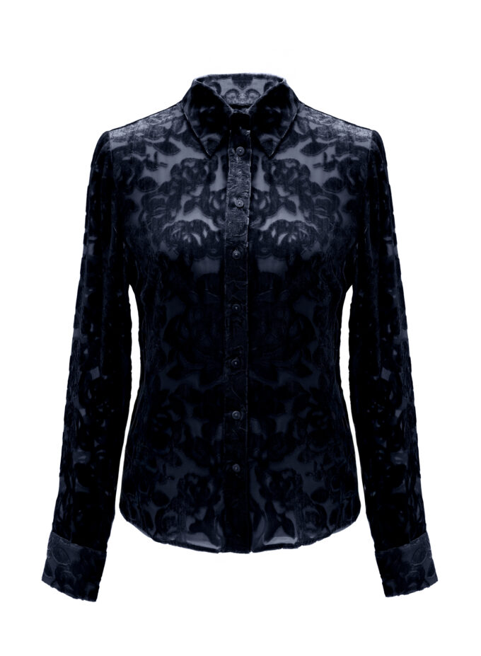 Velvet Burnout Semi Sheer Shirt In Midnight Blue