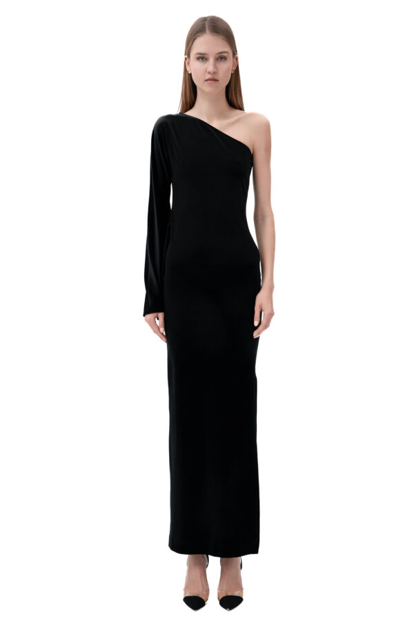 Velvet One-Shoulder Long Dress In Black - Image 2